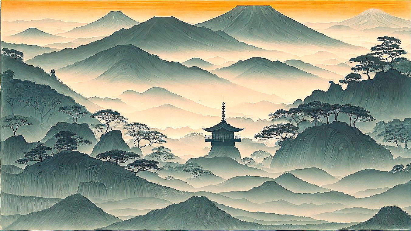 Serene Landscape with Mountains and Traditional Pagoda