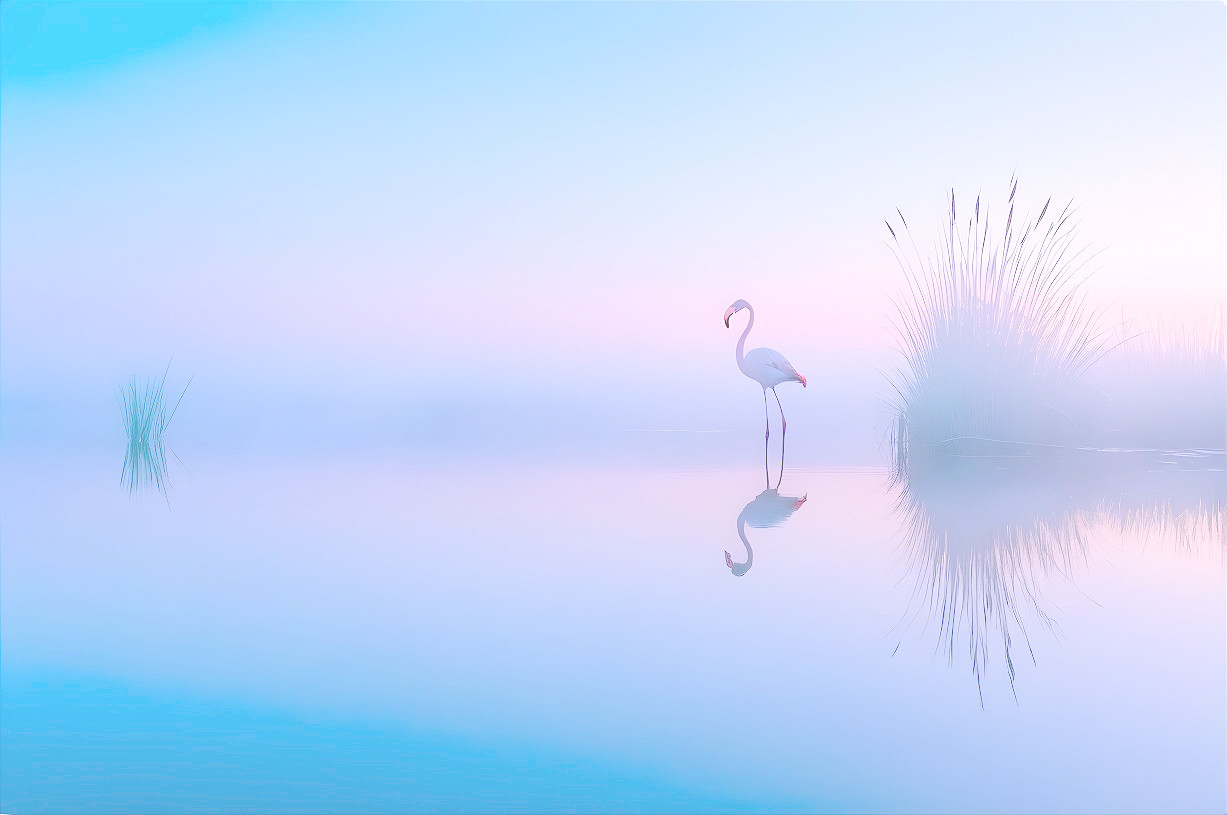 Flamingo in Misty Lake with Pastel Hues and Greenery
