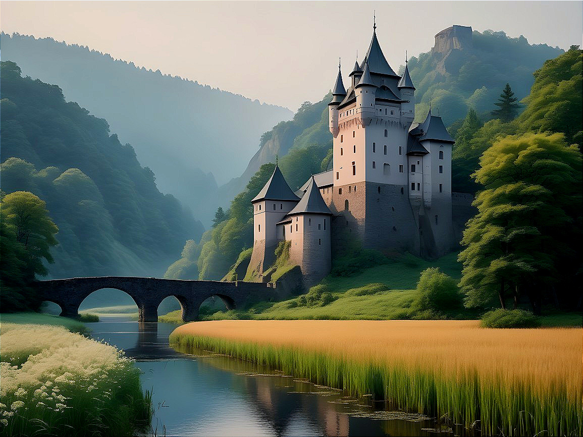 Majestic Castle Surrounded by Lush Hills and River