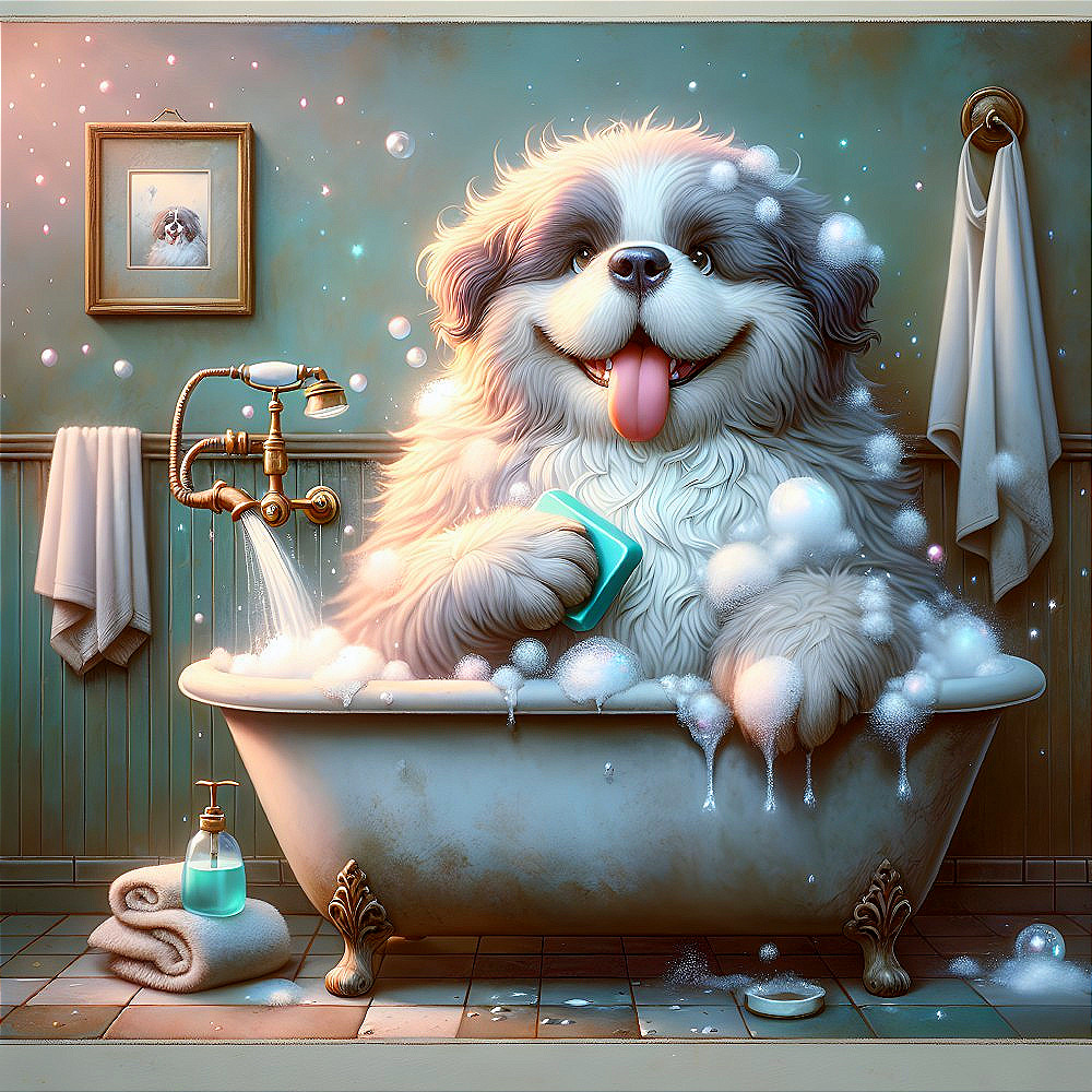 Fluffy Dog Bathing in Vintage Bathtub with Bubbles