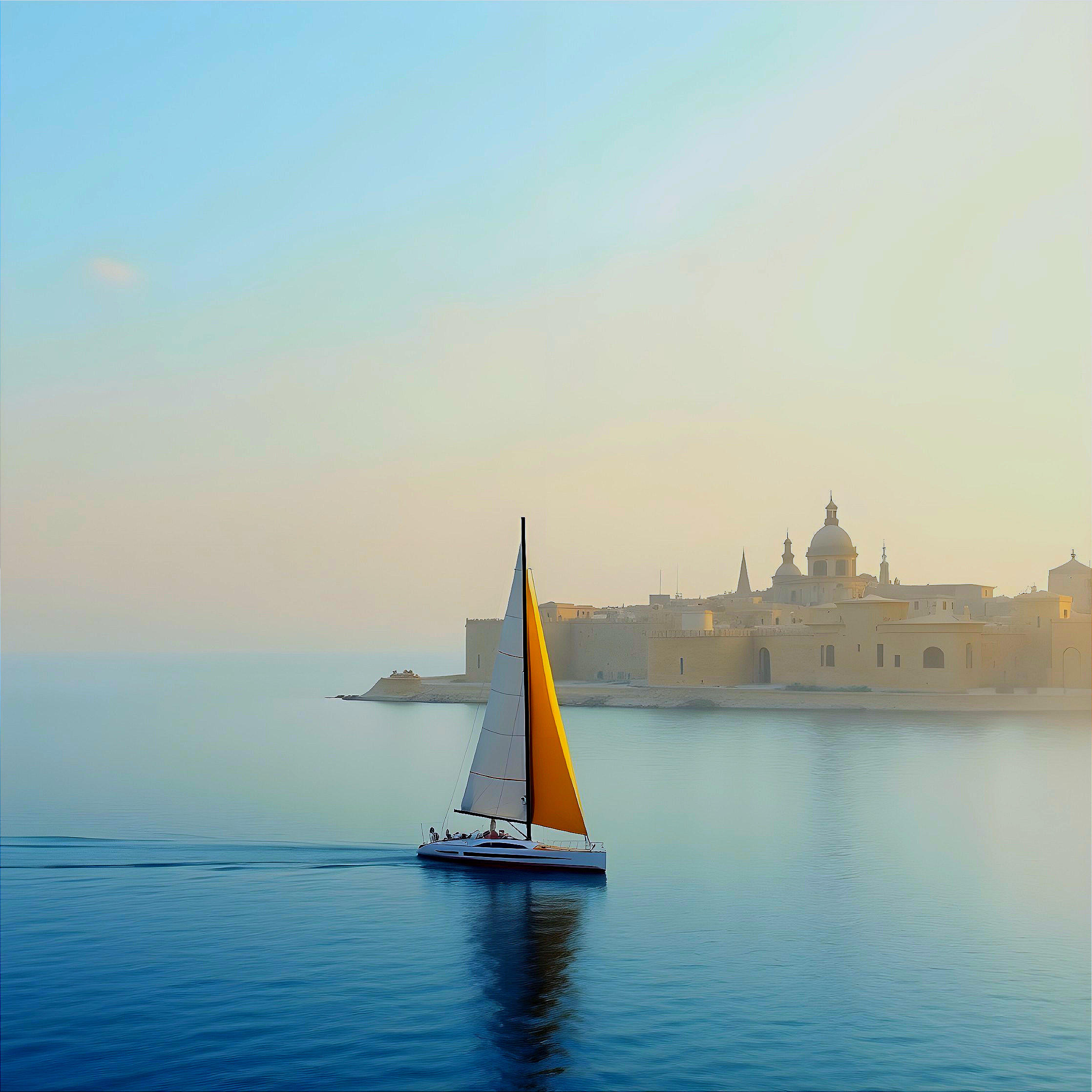 Sailboat on Calm Waters with Pastel Sky and Shoreline
