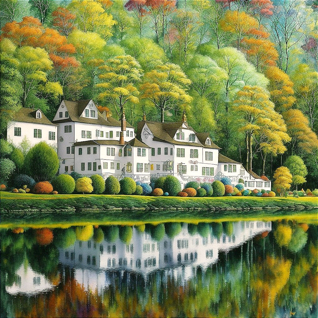 Autumn Landscape with White Houses and Colorful Foliage