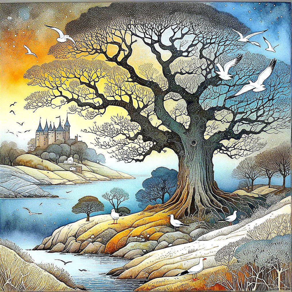 Whimsical Landscape with Twisted Tree and Castle