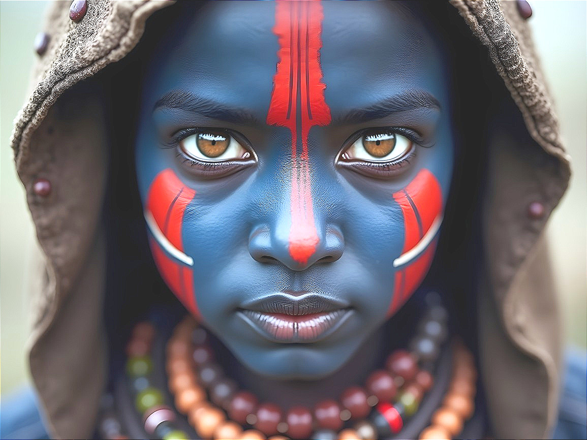 Young person with blue paint and cultural markings