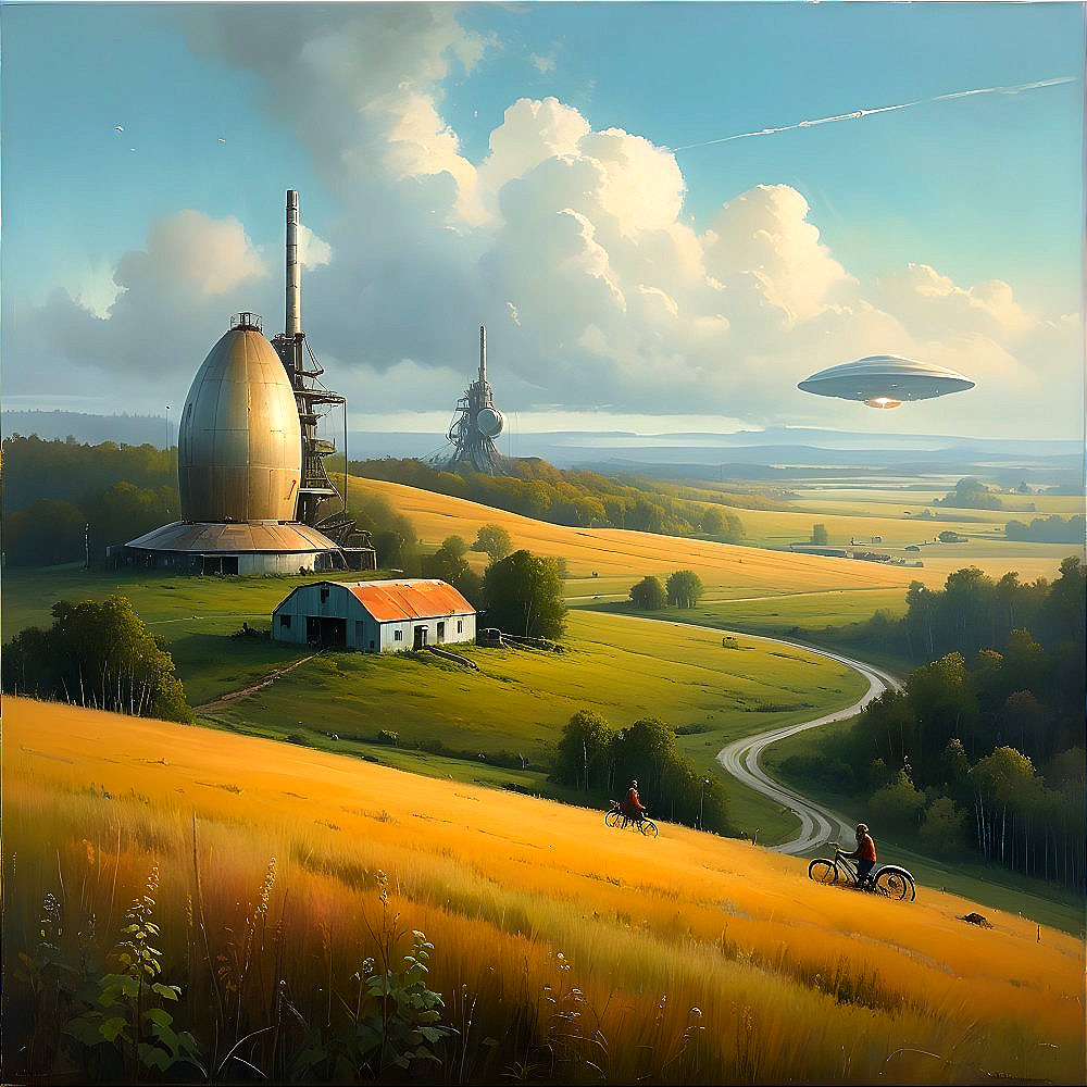 Serene Landscape with Futuristic Structures and Cyclists
