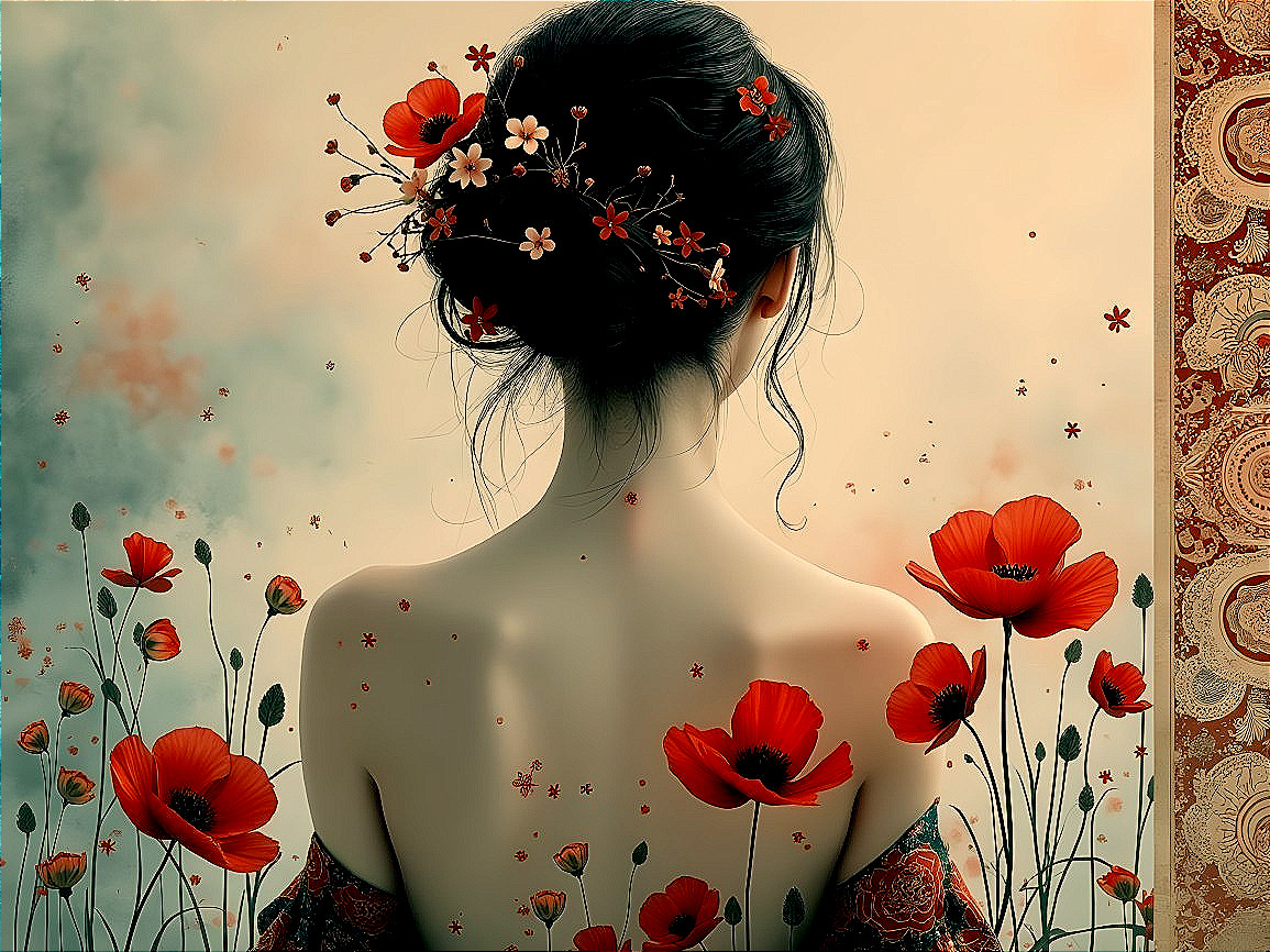 Serene Portrait of a Woman with Flowers and Poppies