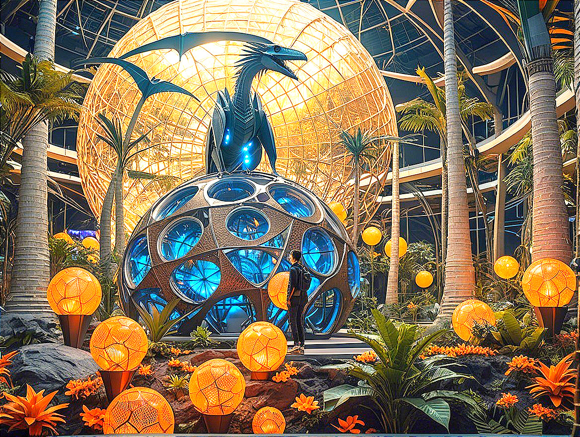 Futuristic indoor space with dragon sculpture and lights