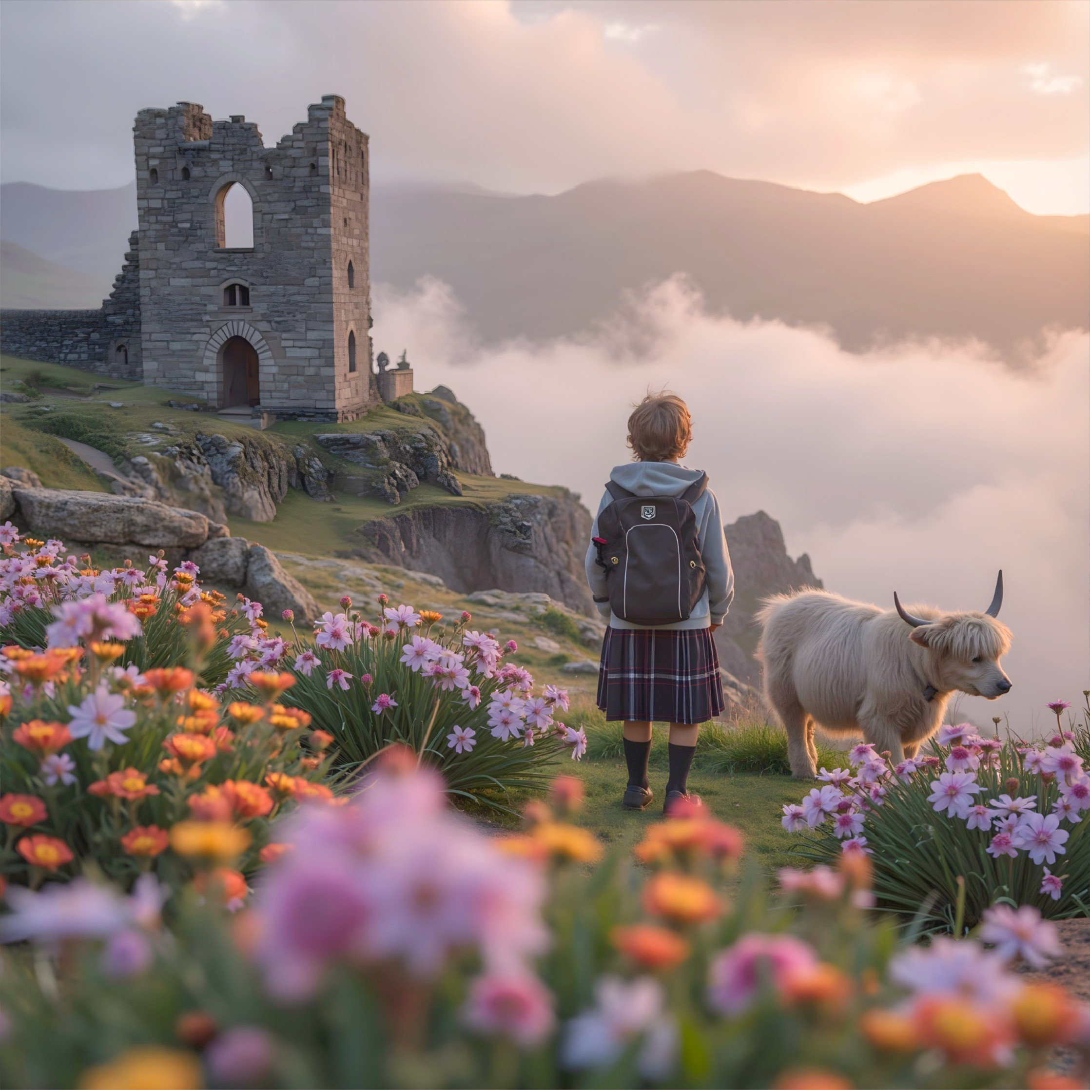Child in Kilt by Castle with Highland Cow and Wildflowers