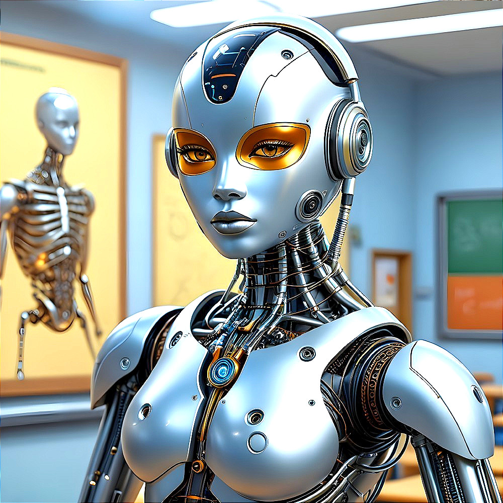 Humanoid Robot with Silver Exterior in Classroom Setting