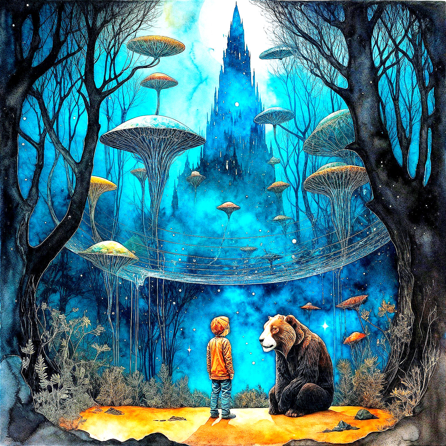 Child and bear in a magical forest with castle and mushrooms