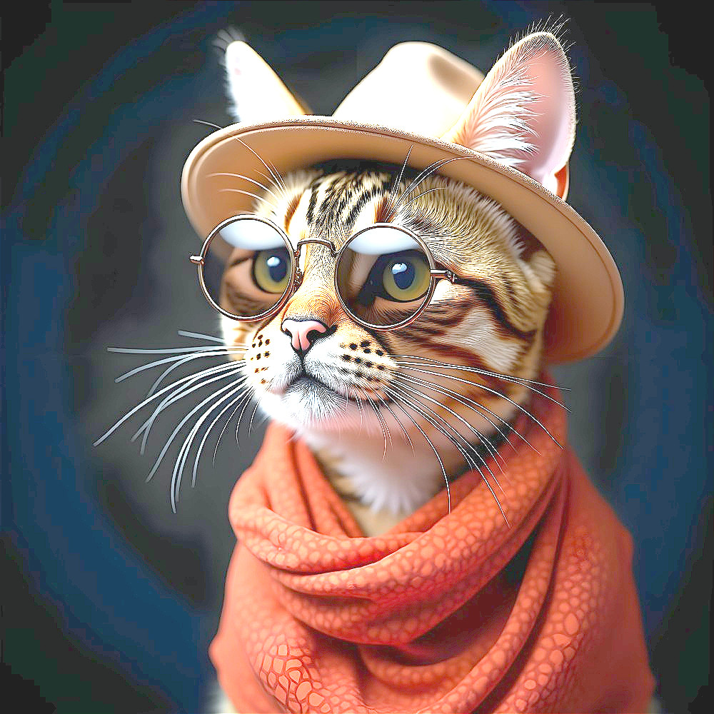 Stylish Cat in Glasses and Hat with Dark Background