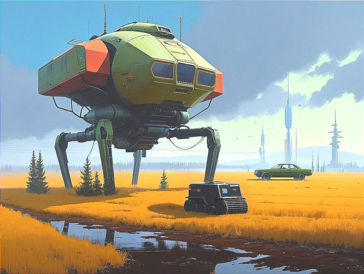 Futuristic landscape with spider-like robot and vehicles