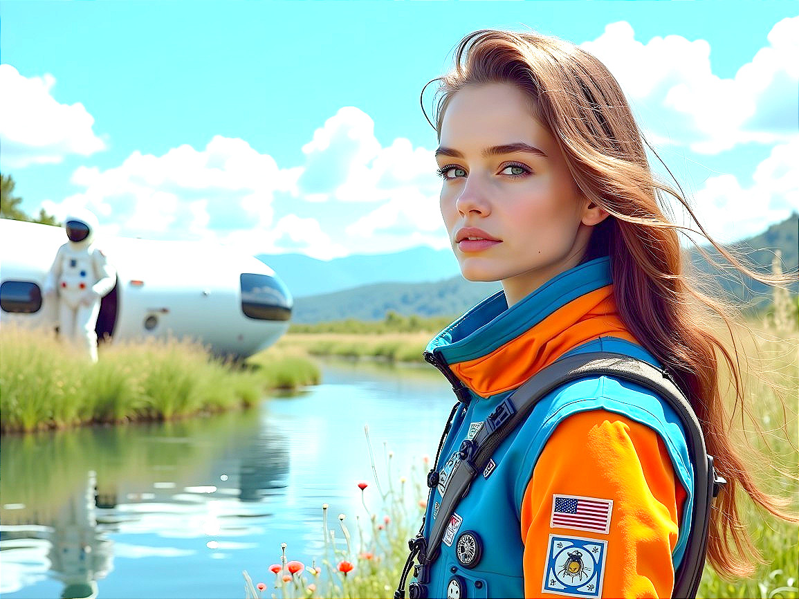Young woman in astronaut suit by serene water scene