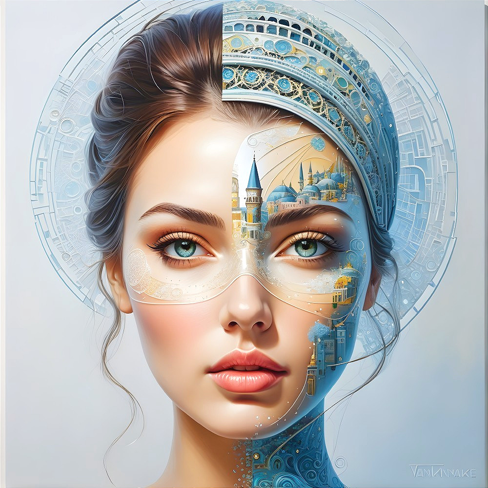 Half-Portrait of Young Woman with Cityscape Design