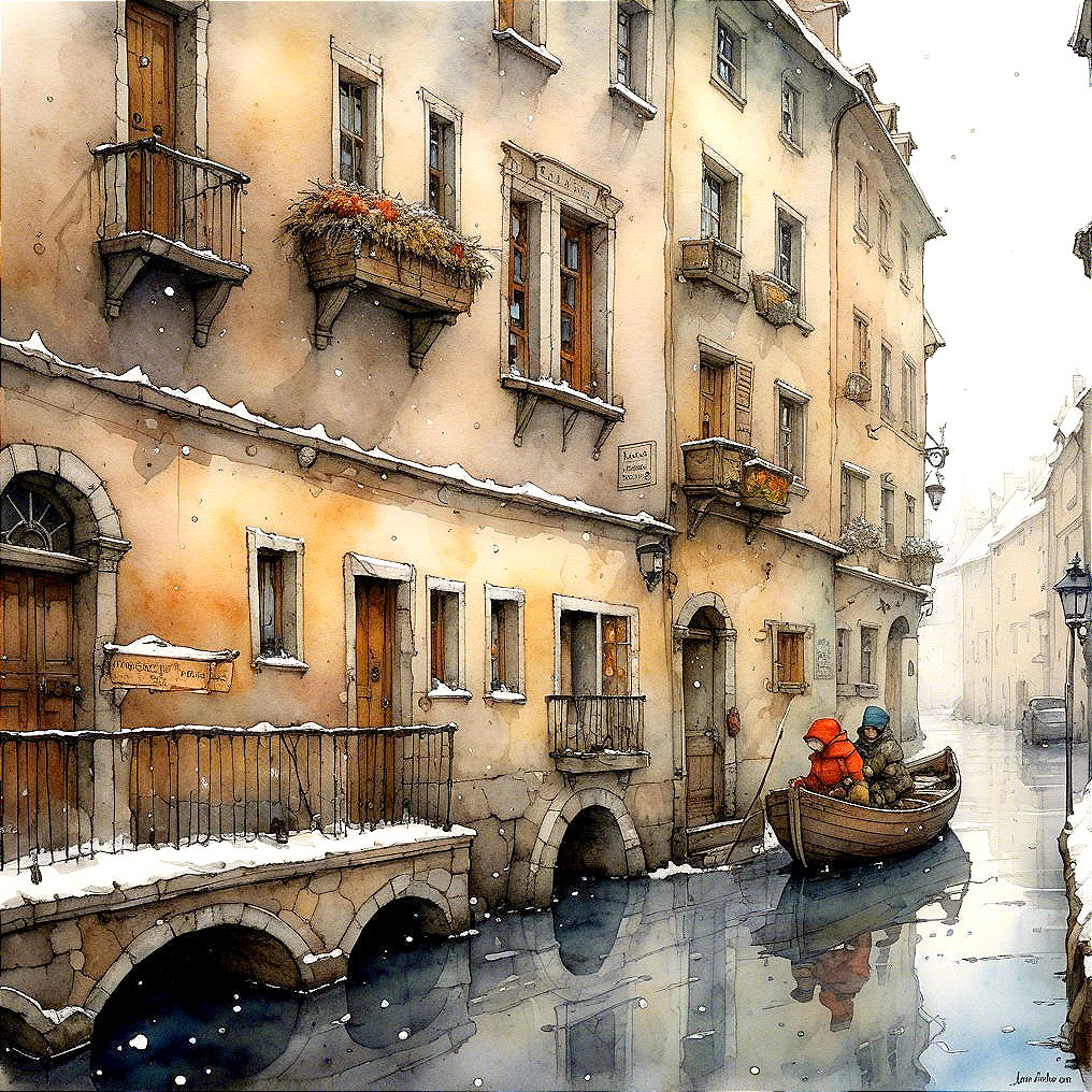 Winter Canal Scene with Snowy Buildings and Boat