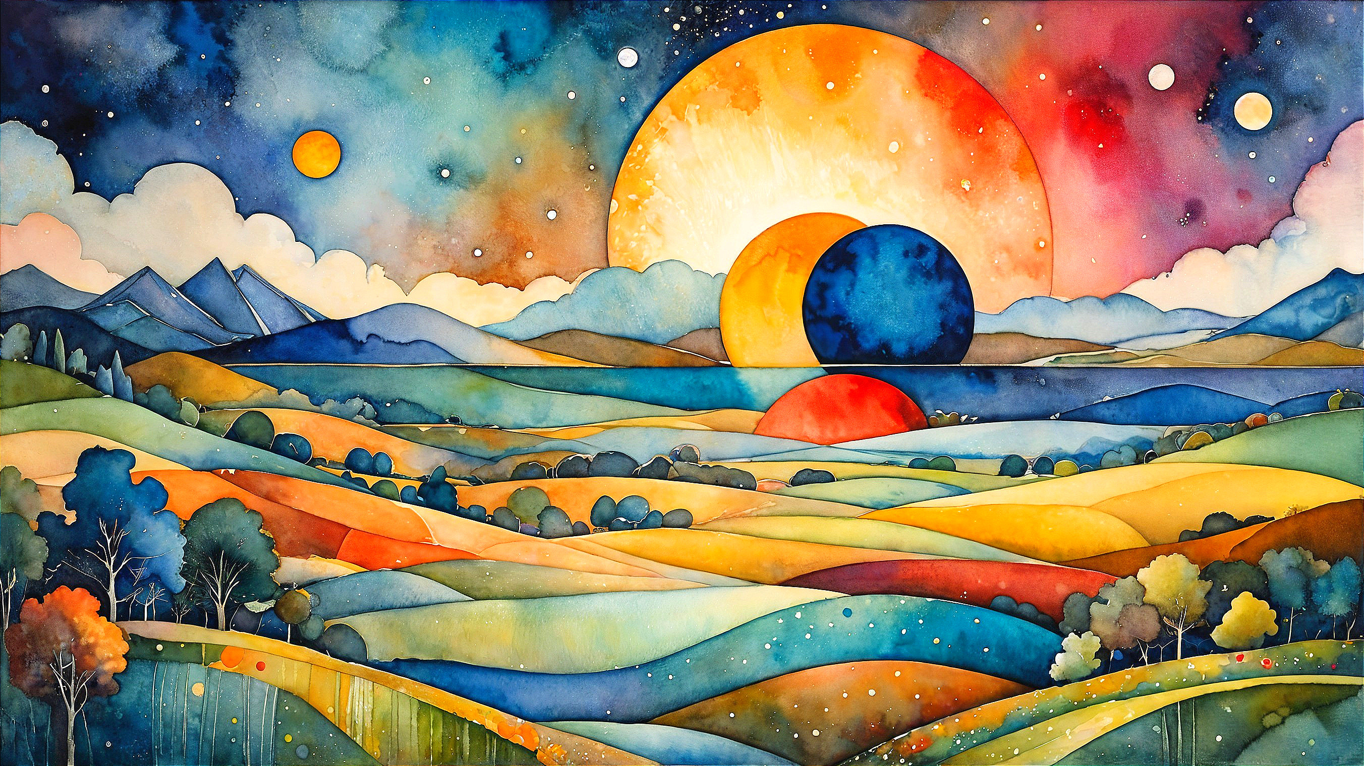 Vibrant Abstract Landscape with Celestial Bodies