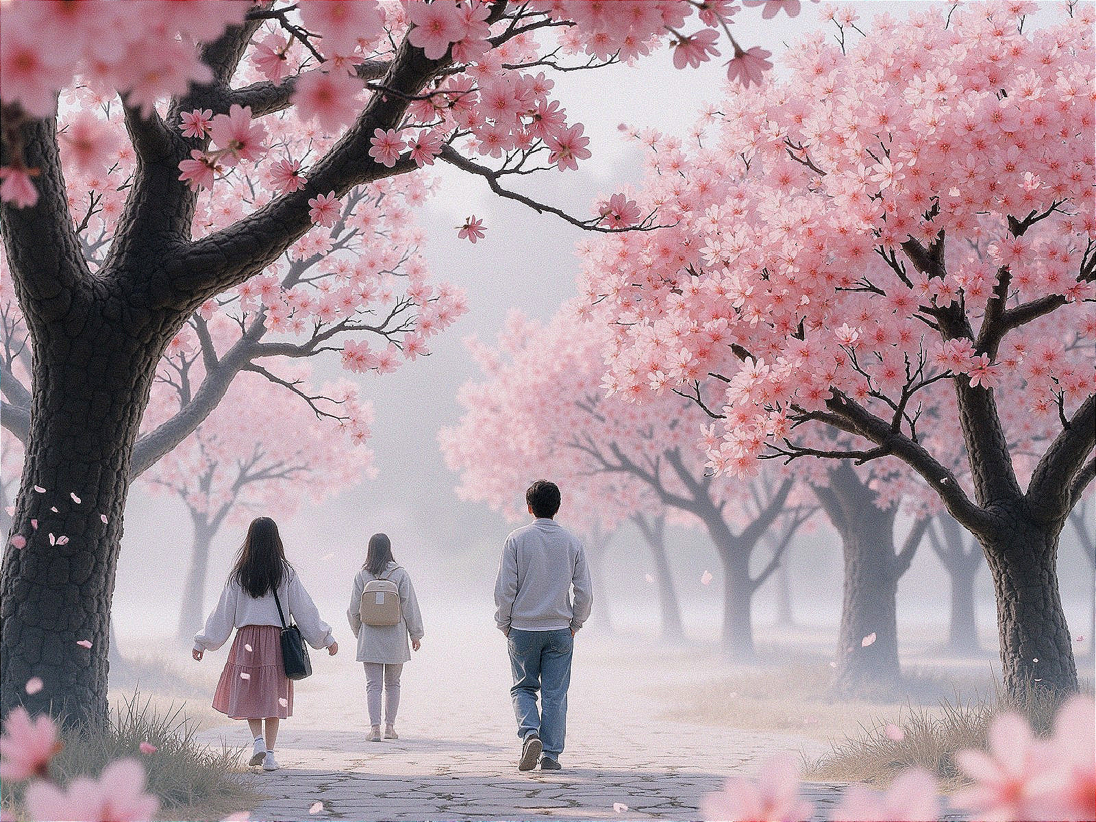 Serene Cherry Blossom Pathway with Gentle Mist