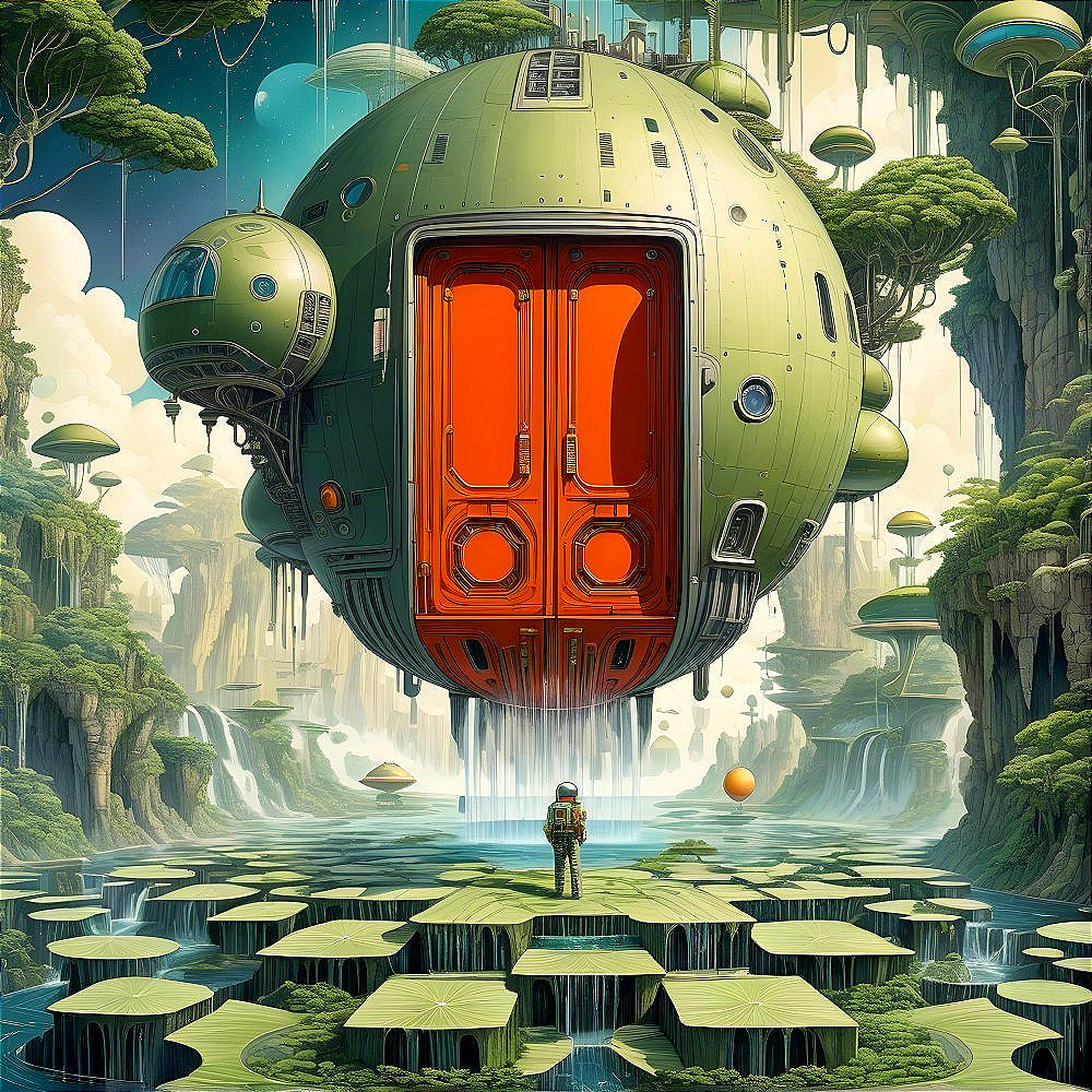 Surreal Landscape with Giant Green Sphere and Wetland