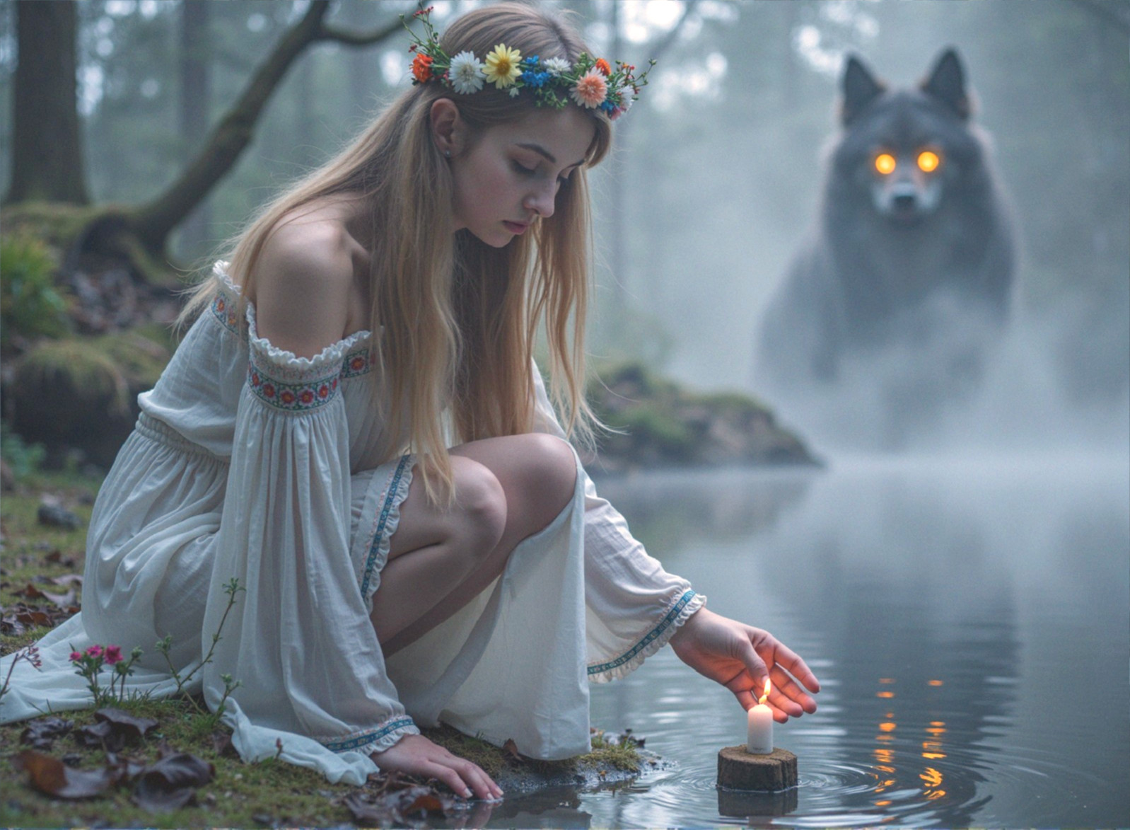 Young Woman by Misty Pond with Candle and Wolf
