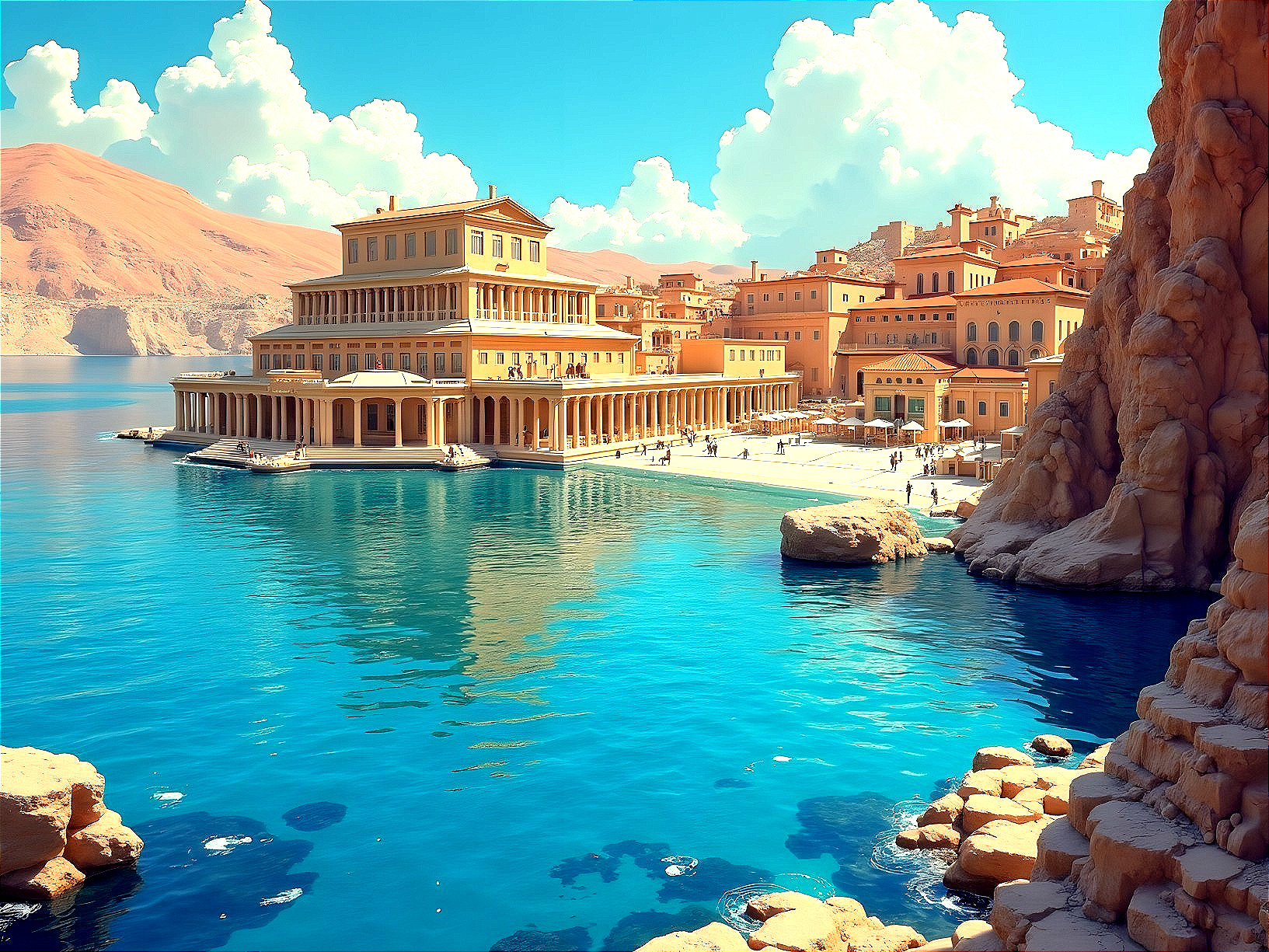 Coastal Architectural Complex by a Serene Lake