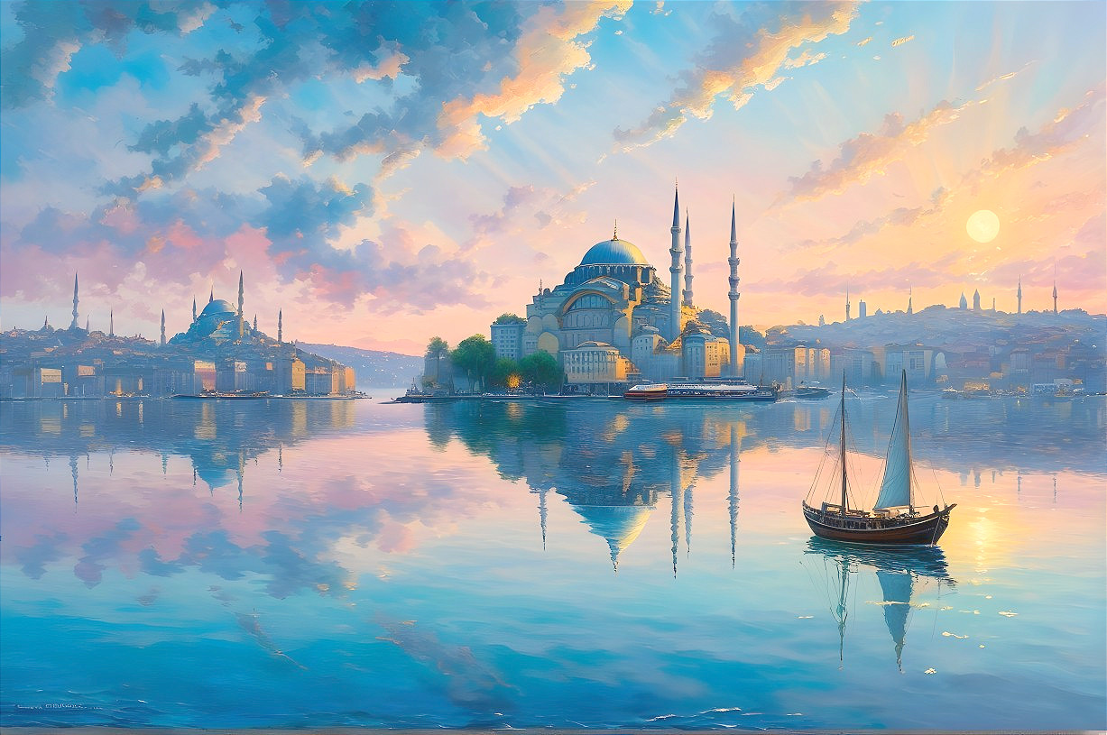 Serene Waterfront View of a Grand Mosque at Sunrise