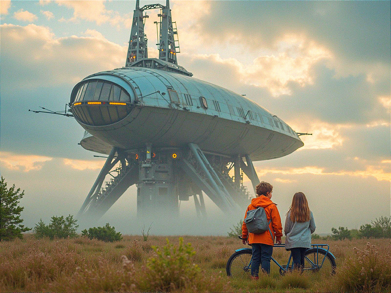 Children admiring a large futuristic spaceship in mist