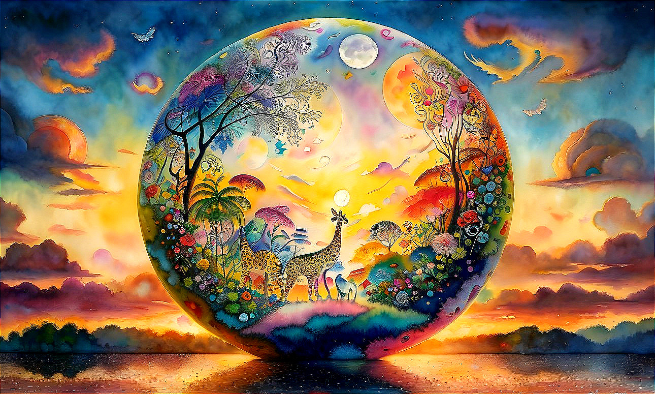 Colorful Wildlife Scene with Giraffes, Trees, and Sunset Sky