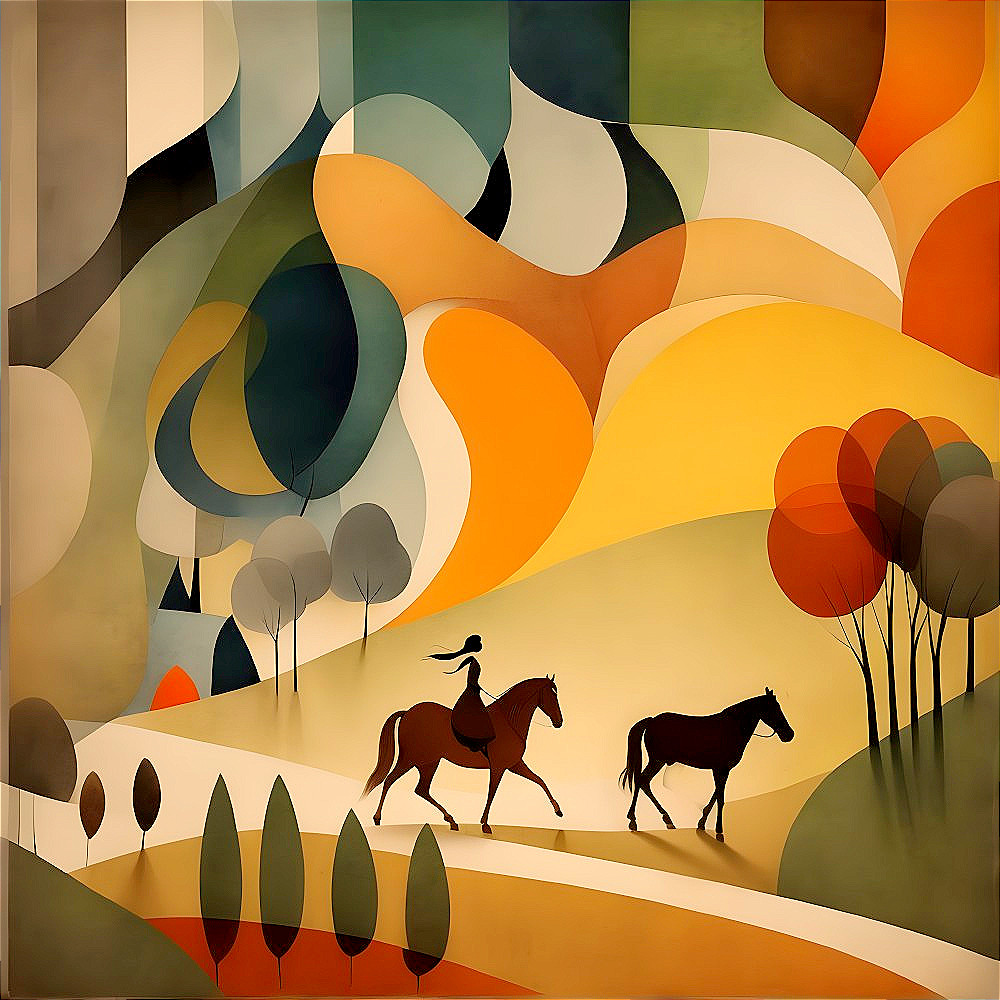 Stylized Landscape with Horses in Warm Earthy Tones