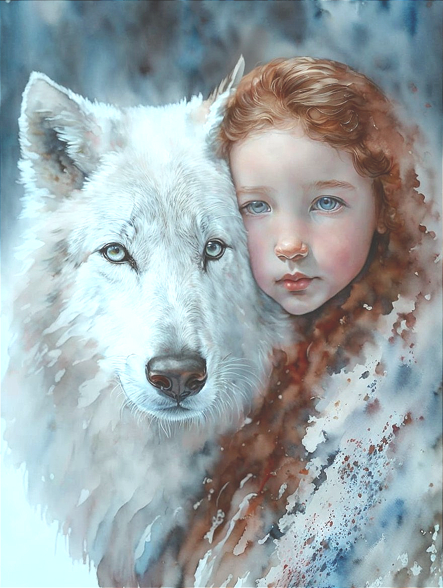 Watercolor Illustration of Girl and White Wolf