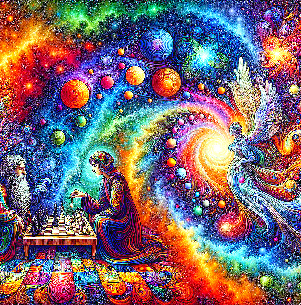 Cosmic Chess Game with Celestial Backdrop and Figures