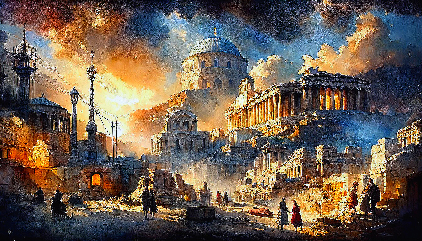 Ancient City Ruins Under Golden Light and Turbulent Sky