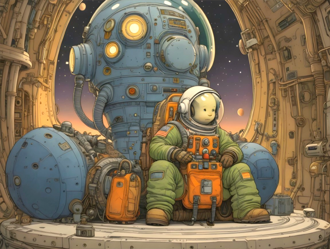 Child-like astronaut in futuristic spacecraft scene