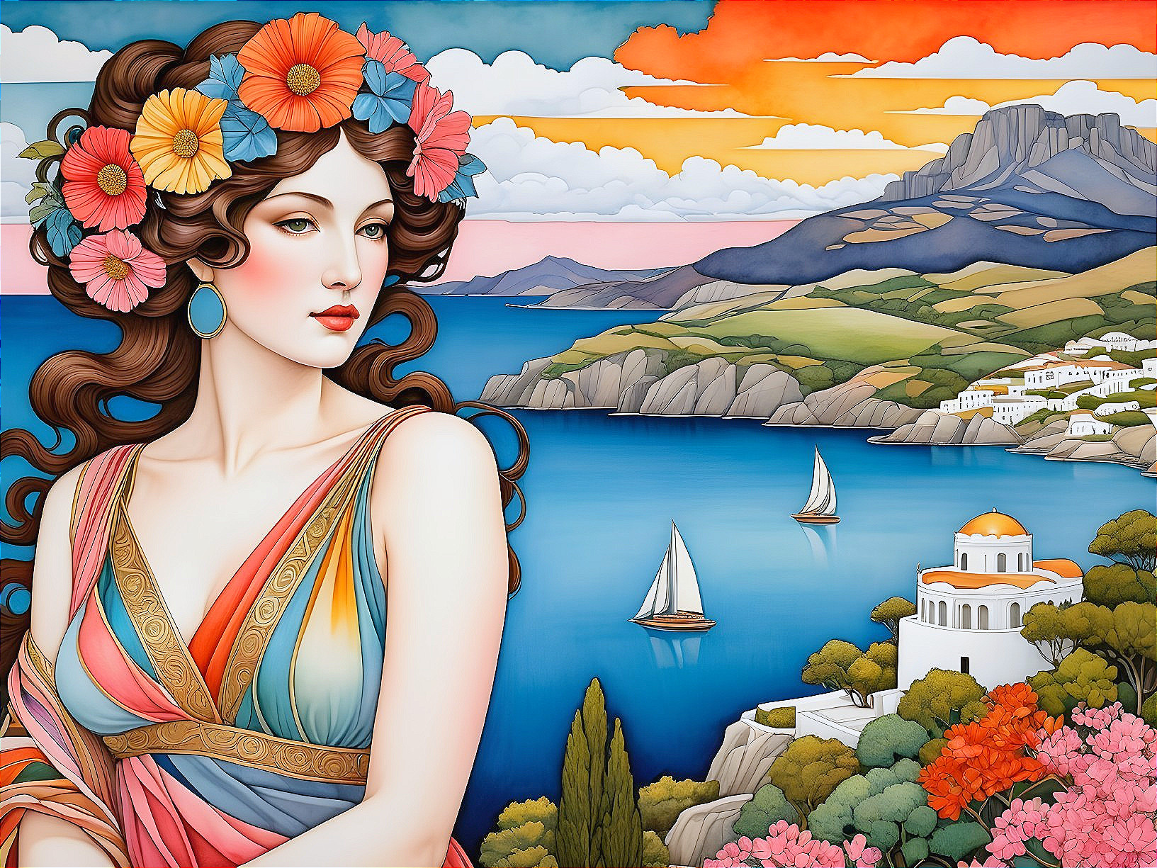 Serene Woman in Floral Crown Over Coastal Landscape
