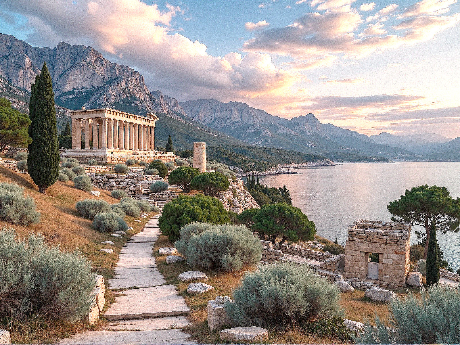 Ancient Ruins by the Coastline at Sunset