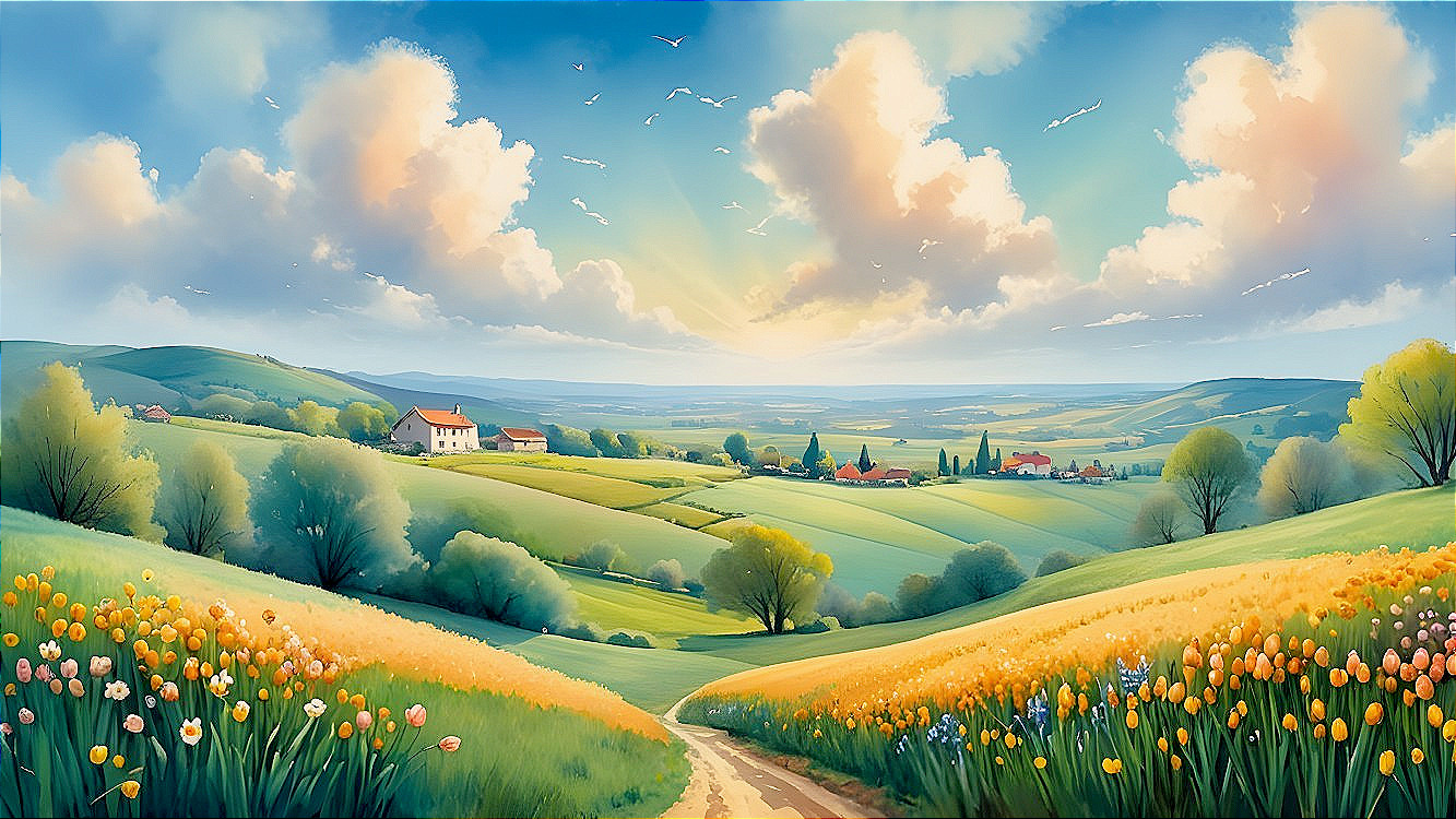 Serene Landscape with Hills, Flowers, and Village