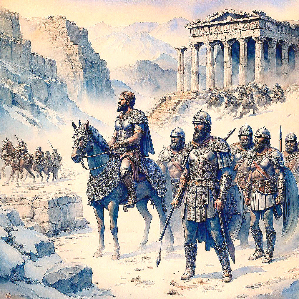 Valiant leader on horseback in rugged landscape scene