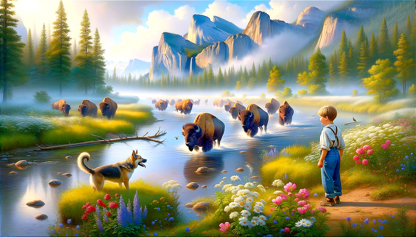 Serene Landscape with Boy, Dog, and Bison by River