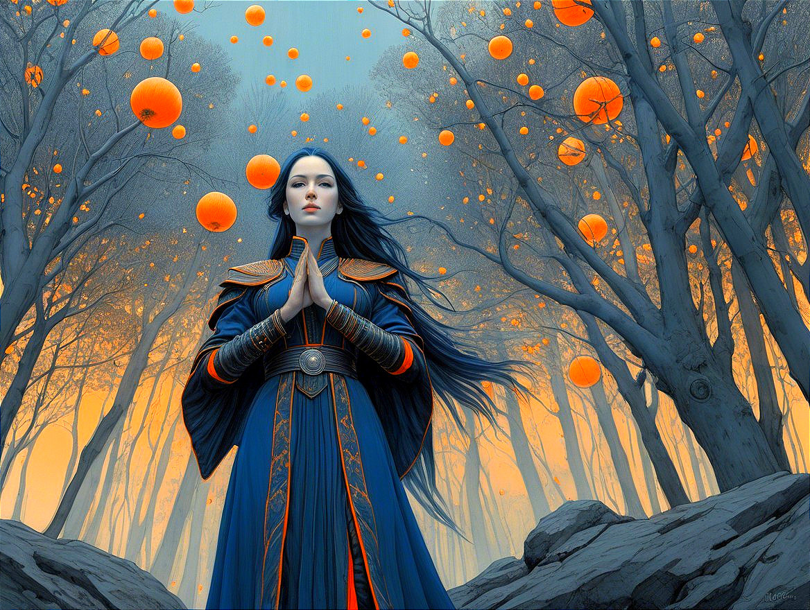 Serene Woman in Blue Robe in Ethereal Forest Setting