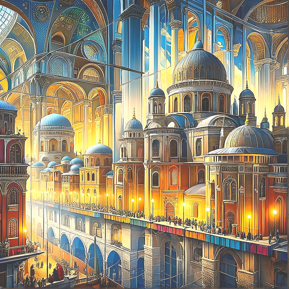 Intricate Grand Architectural Scene with Golden Light