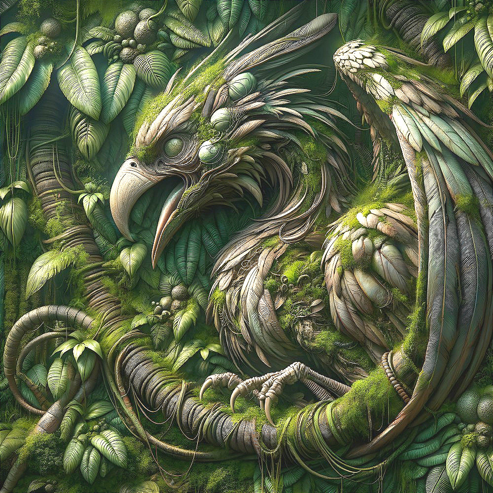 Intricate Dragon-Bird Creature in Lush Greenery