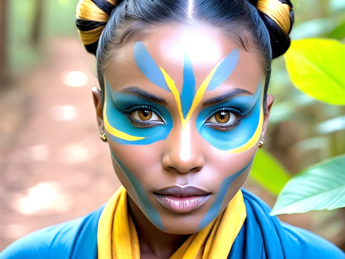 Portrait of a woman with vibrant blue and yellow face paint