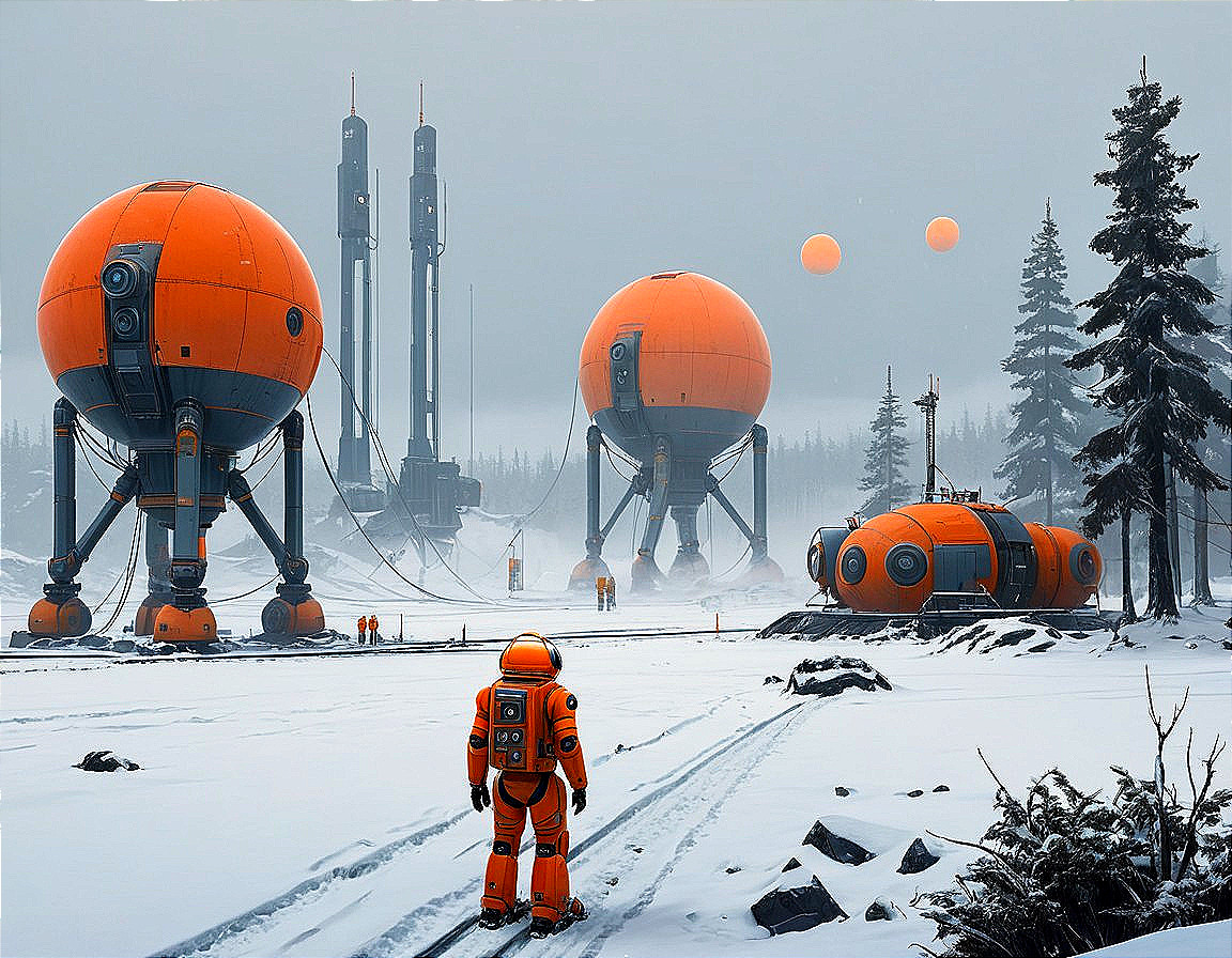 Astronaut in Snowy Alien Landscape with Futuristic Structures