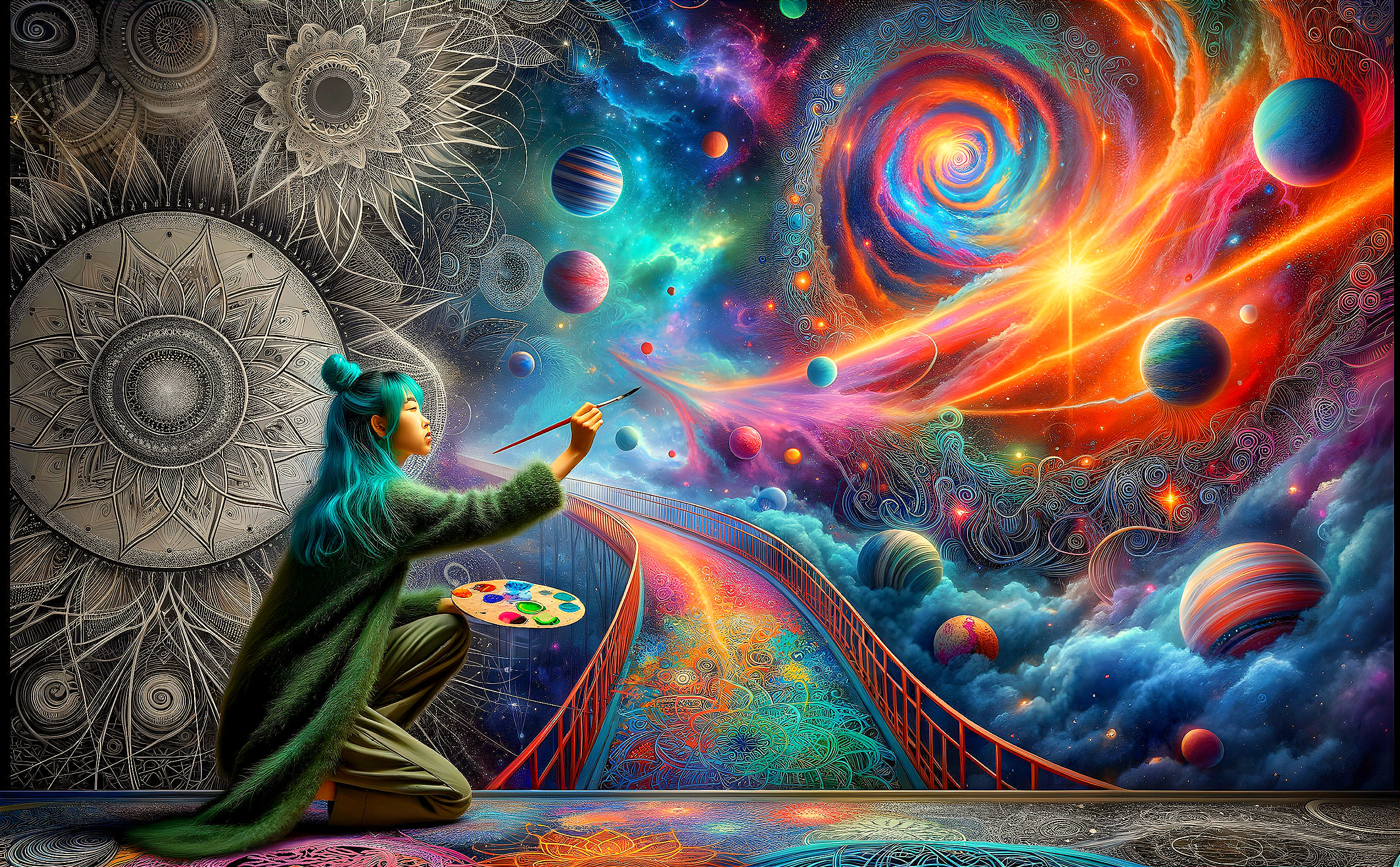Vibrant cosmic scene: planets, galaxy, starburst on canvas