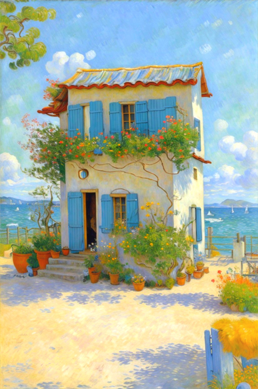 Coastal House with Blue Shutters and Terracotta Roof