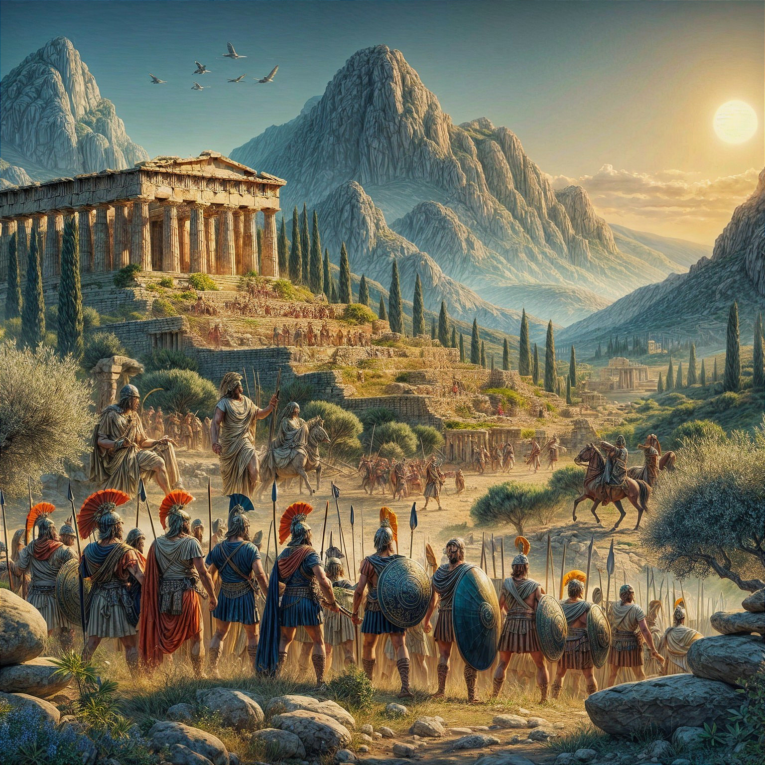 Ancient Landscape with Temple and Armored Warriors