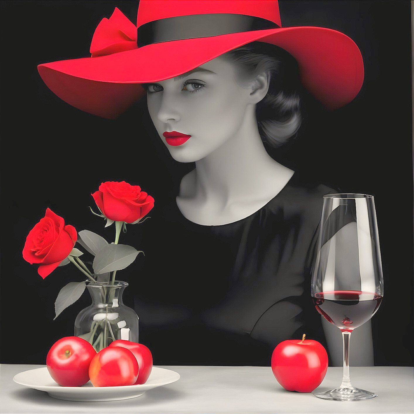 Elegant Woman in Red Hat Surrounded by Sophistication