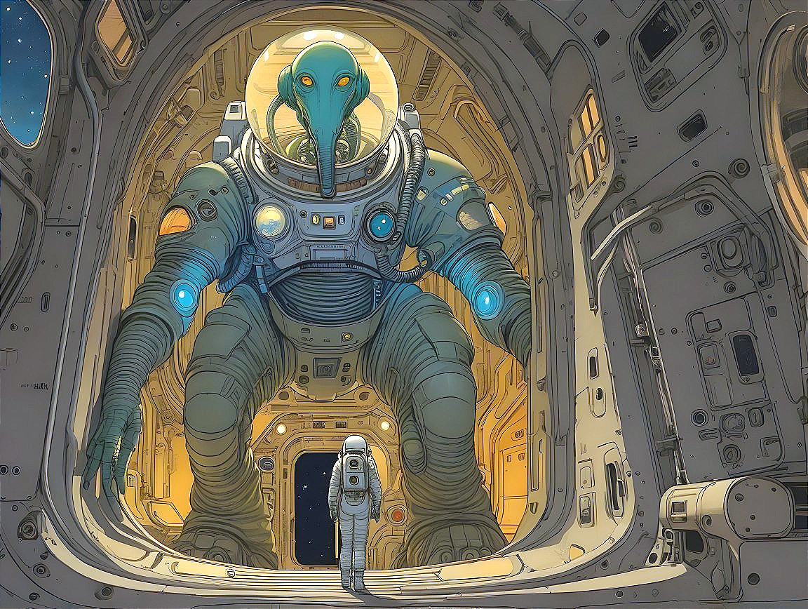Futuristic Spaceship with Alien Creature and Astronaut
