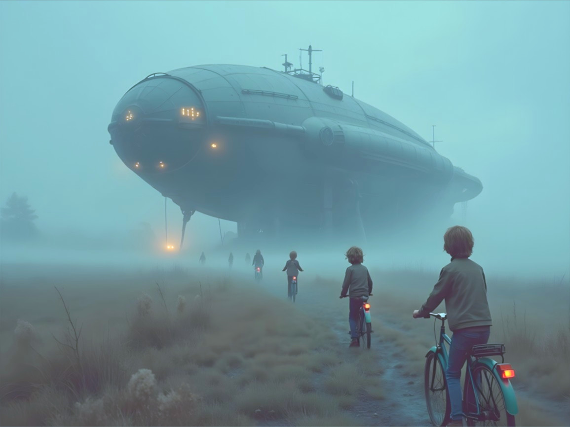 Children Biking Toward Futuristic Airship in Fog