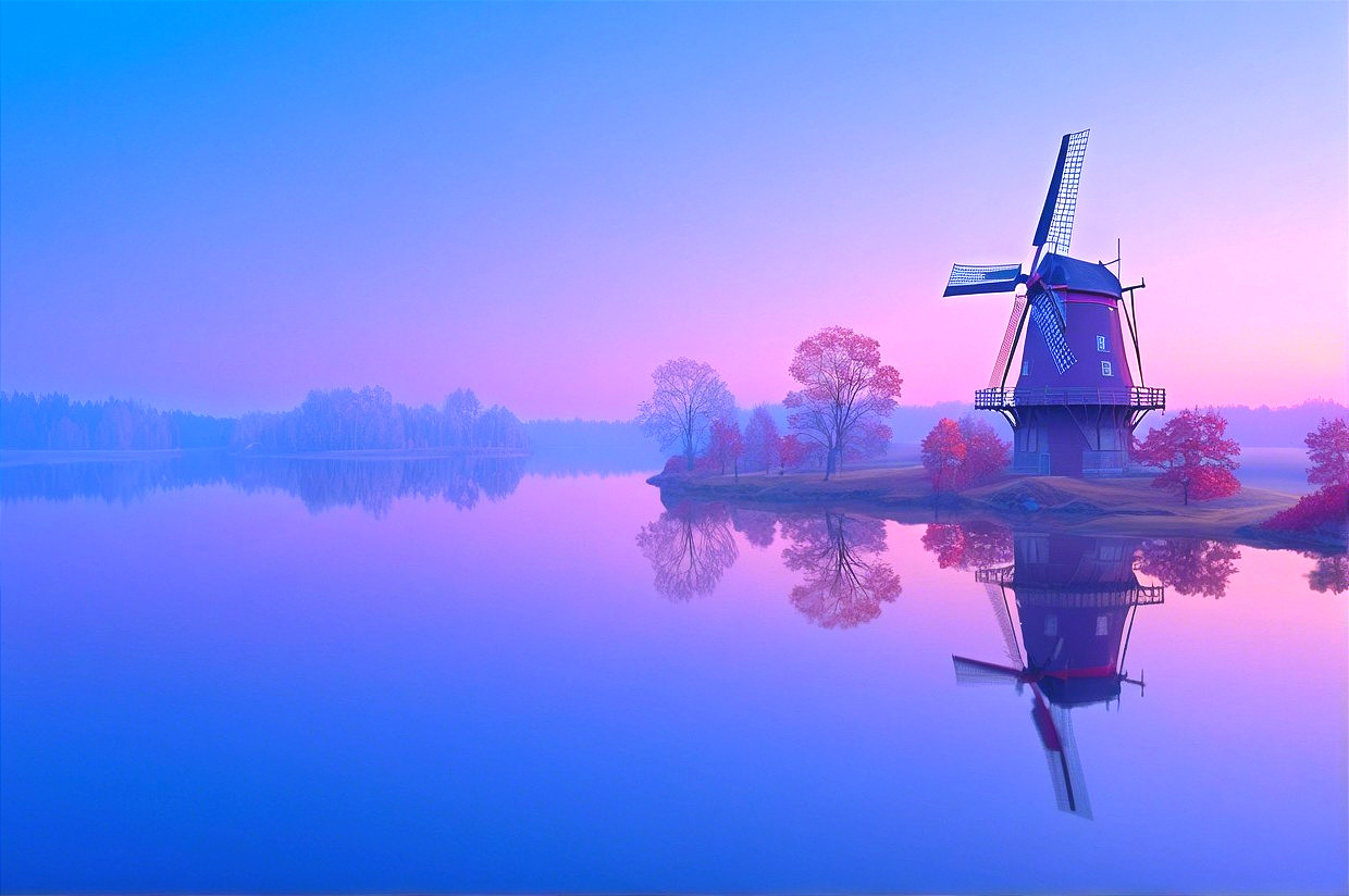Serene Landscape with Windmill and Calm Lake