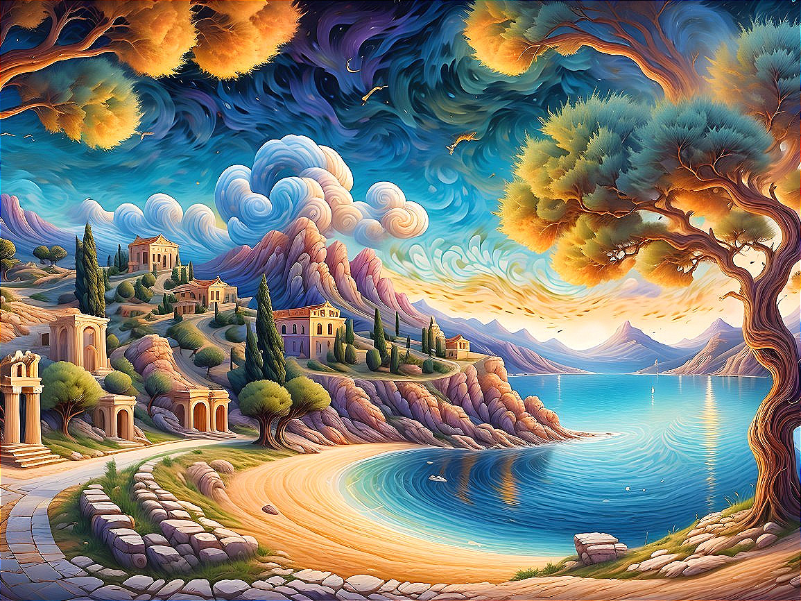 Vibrant Coastal Landscape with Villas and Mountains